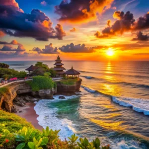 Sunset over coastal cliffs and temple in Bali, highlighting Bali real estate investment areas for 2025.