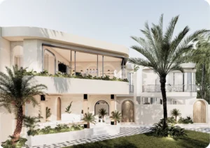 Modern tropical villa with palm trees, Bali’s Real Estate Market in 2025 by Coco Development Group.