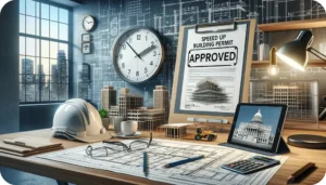 Architectural desk with approved permit and blueprints, Bali’s Building Permits by Coco Development Group.