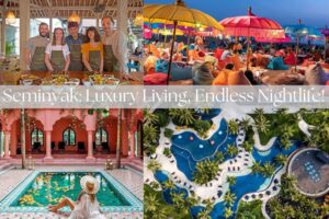 Vibrant collage showing top spots for luxury and nightlife in Seminyak, Bali, including fine dining, beach lounges, stylish villas, and upscale resorts by Coco Development Group.