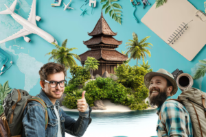Two smiling male travelers with backpacks stand in front of a tropical island illustration featuring a Balinese temple, representing the adventure and planning focus of Coco Development Group’s Bali travel guide.
