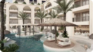 Stylish luxury resort pool area in Bali with modern villas, palm trees, and swim-up bar, representing top areas in Bali for buying villas in 2025 by Coco Development Group.