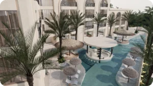 A luxury resort-style property in Bali with a swim-up bar, lounge chairs, and elegant architecture, representing premium opportunities highlighted by Coco Development Group on how to invest in Bali real estate.