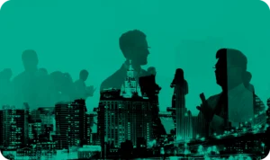 Silhouettes of business professionals layered over a city skyline, symbolizing modern financial collaboration as promoted by Coco Development Group’s crowd-investment opportunities in Bali real estate.