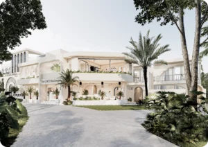 A modern luxury villa with elegant white architecture, palm trees, and open balconies, showcasing one of Coco Development Group’s exclusive luxury villas for rent in Bali.