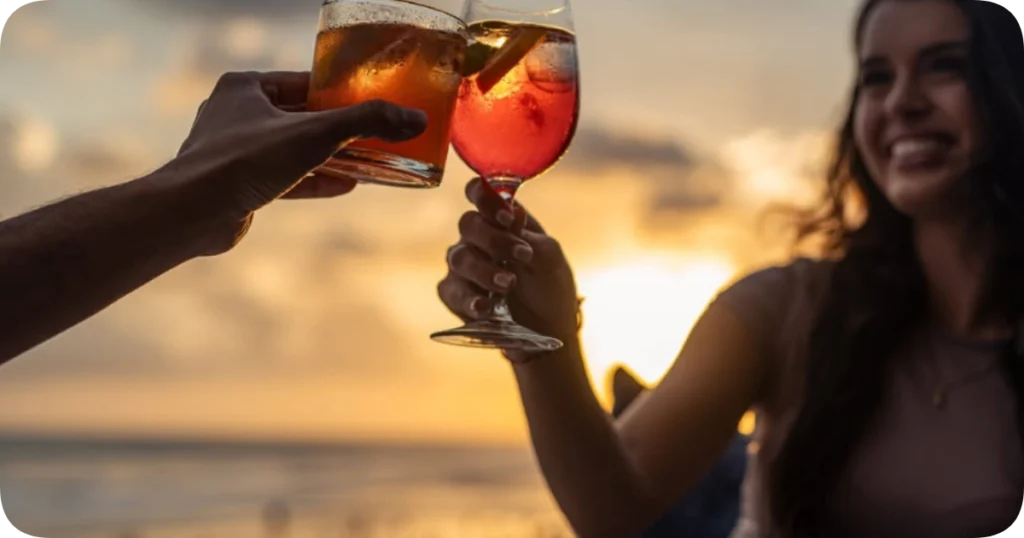 Home 210 Close-up of two people clinking colorful cocktails at sunset on the beach, with a smiling woman on the right and the golden sky in the background. la brisa bali beach club