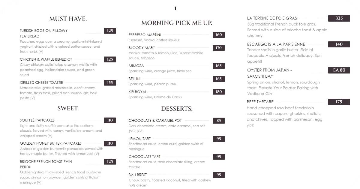 1. Breakfast and starters menu with eggs benedict, cocktails, foie gras