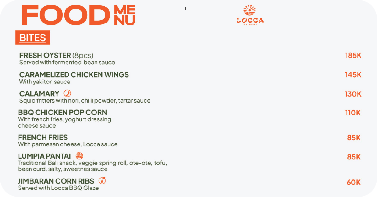 Locca Sea House: Is This Bali's Best Ocean View? 8 1. Locca Sea House bites menu with oysters, wings, calamari, and prices