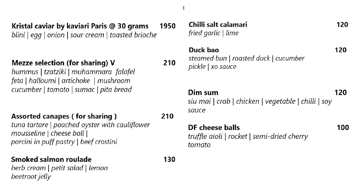 The Edge Bar Bali: Uluwatu's Most Stunning Cliffside Bar 8 1. Menu page with caviar, mezze, canapés, and smoked salmon