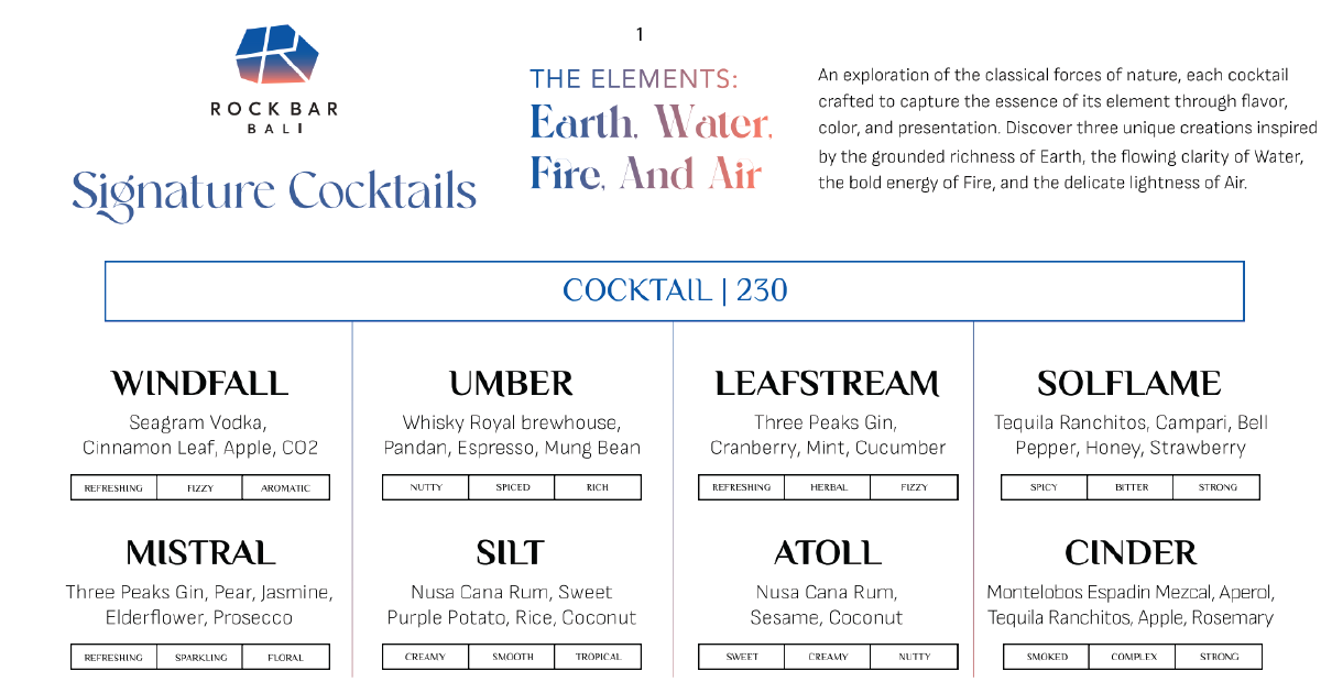 1. Rock Bar Bali signature cocktails menu themed Earth, Water, Fire, Air