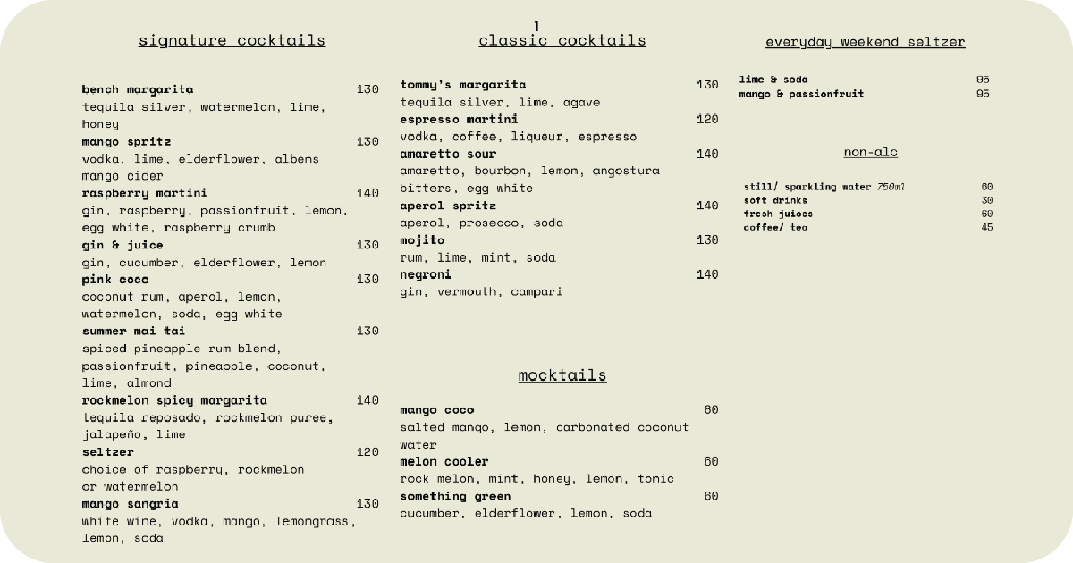1.Cocktail menu featuring signatures, classics, mocktails, seltzers, and non-alc