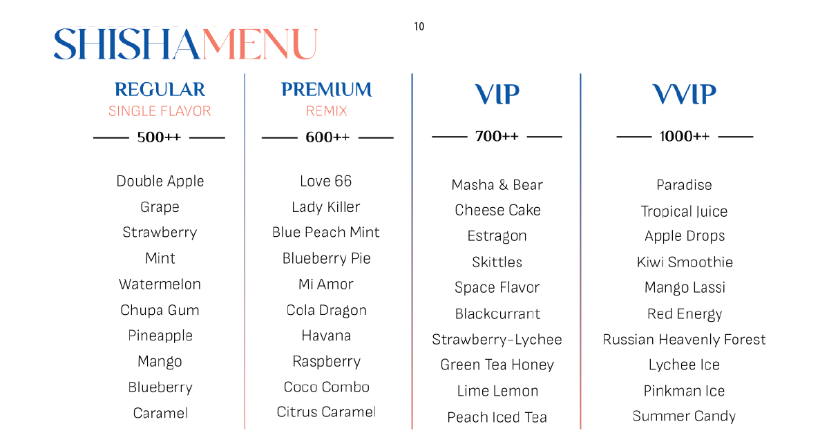 10.Shisha menu with regular, premium, VIP, and VVIP flavor options