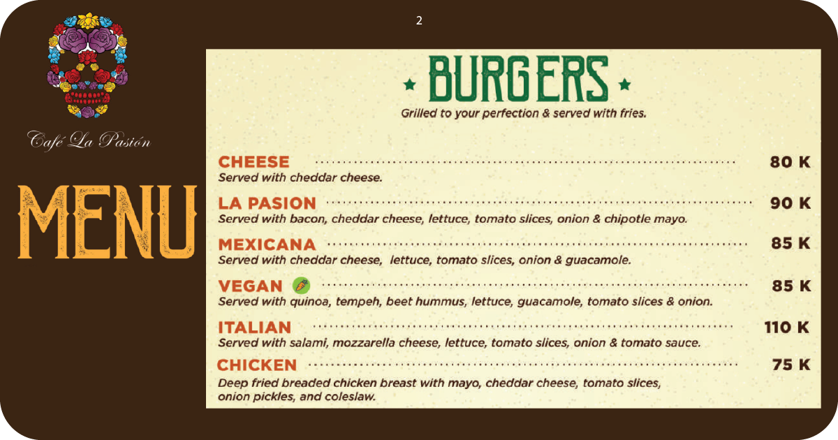 Cafe La Pasion: An Honest Review of this Uluwatu Gem 9 2. Café La Pasión burger menu with cheese, vegan, Mexicana, chicken options