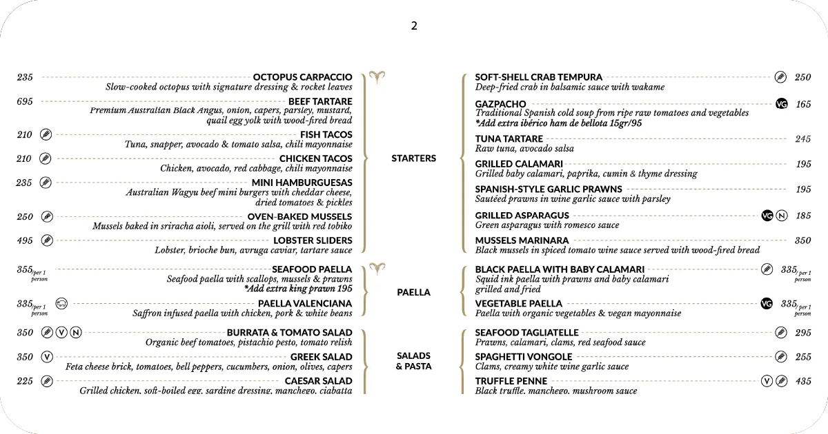 2. El Kabron Bali starters and paella page with prices