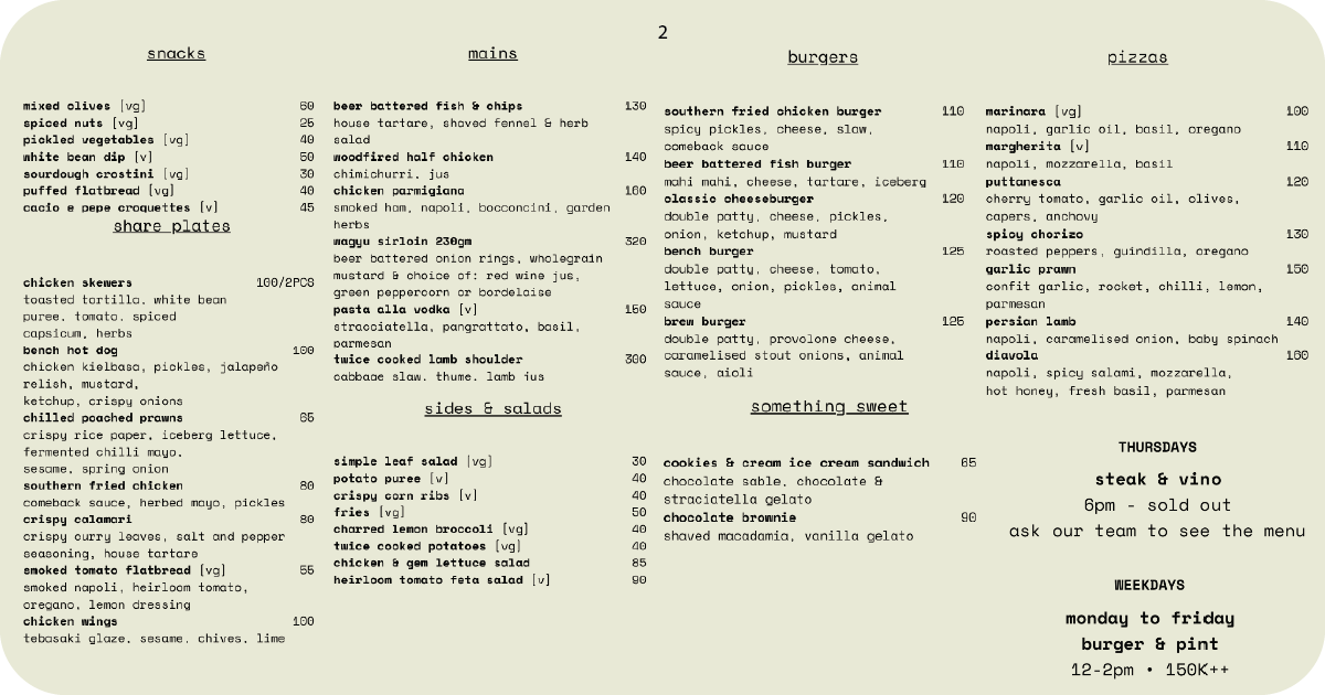 2. Food menu with snacks, mains, burgers, pizzas, sides, desserts
