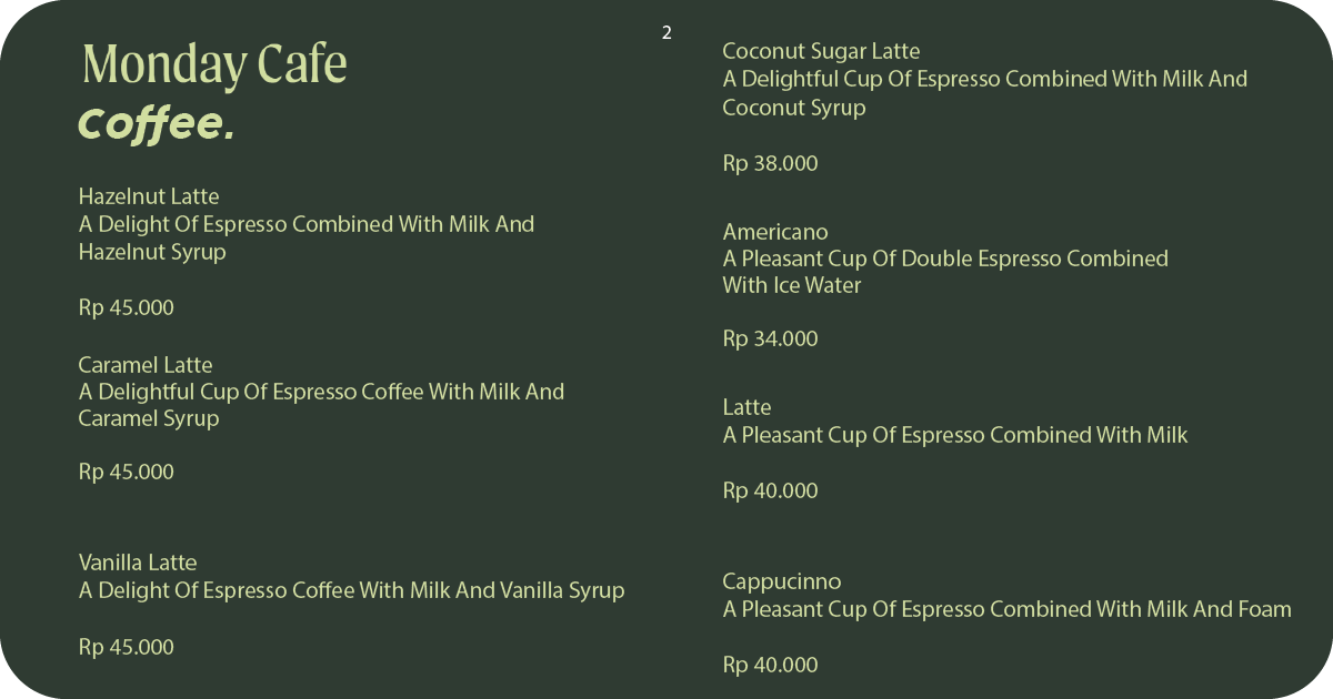 2. Monday Cafe coffee menu showing americanos, cappuccinos, and lattes