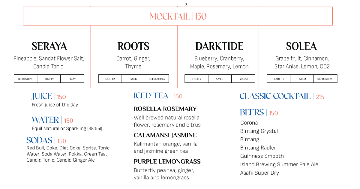 2.Mocktails menu with Seraya, Roots, Darktide, Solea and iced teas