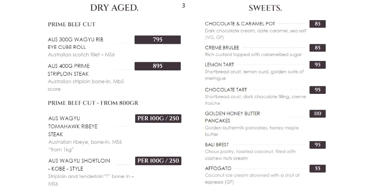 3. Dry-aged beef cuts and dessert options like crème brûlée