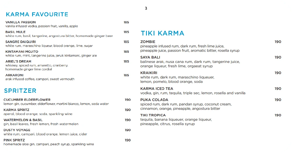3. Karma Beach cocktail list favourites, spritzers, and tiki drinks
