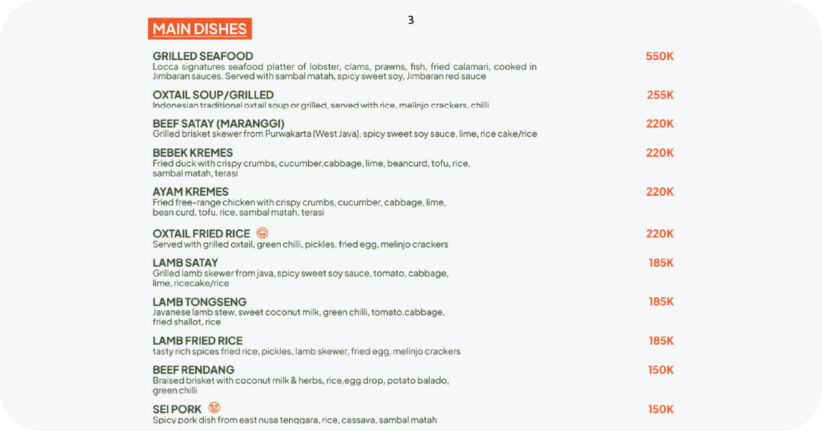 Locca Sea House: Is This Bali's Best Ocean View? 10 3. Main dishes menu with grilled seafood, satay, and fried rice