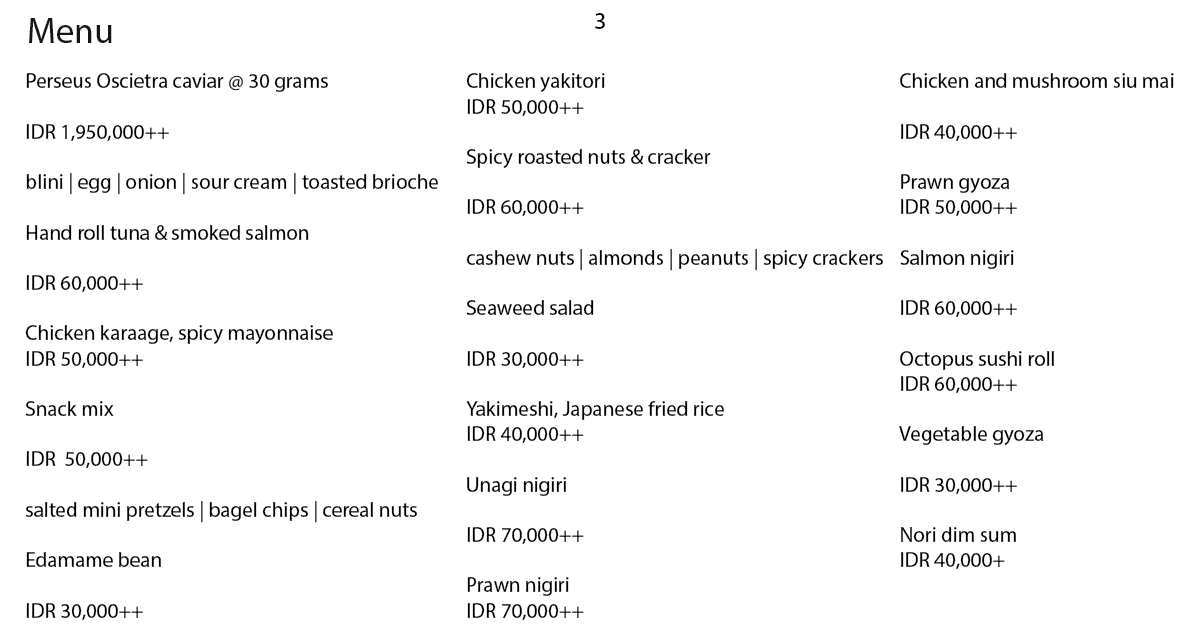 The Edge Bar Bali: Uluwatu's Most Stunning Cliffside Bar 10 3. Menu listing sushi, yakimeshi, gyoza, and Japanese bar bites