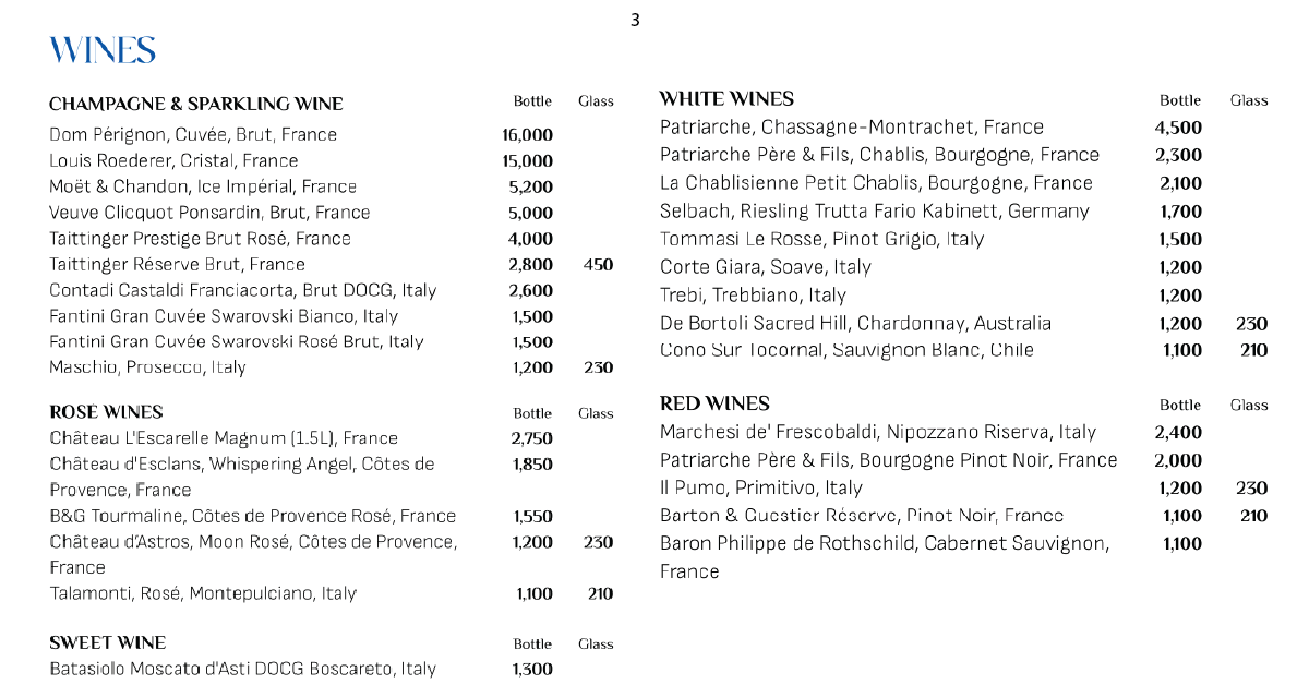 3. Wine list featuring champagne, rosé, white, red, and sweet selections