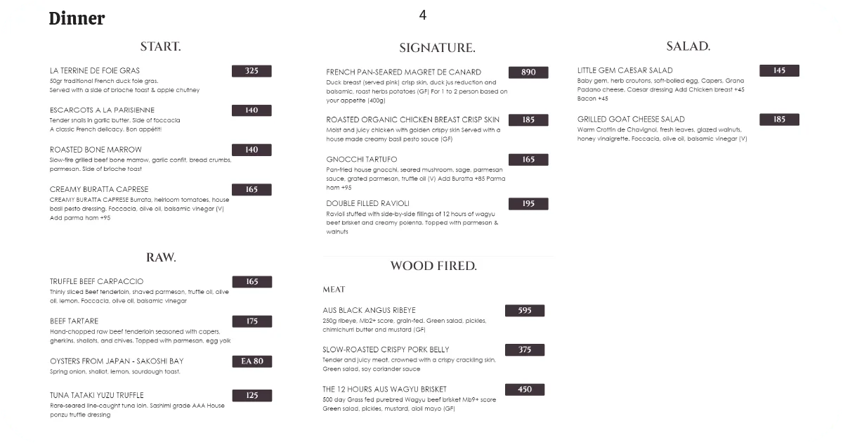 4. Dinner menu featuring starters, raw dishes, duck breast, ribeye