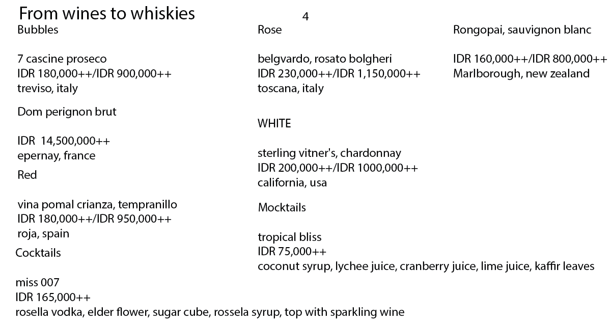 The Edge Bar Bali: Uluwatu's Most Stunning Cliffside Bar 11 4. Wine and cocktail list featuring prosecco, chardonnay, and mocktails