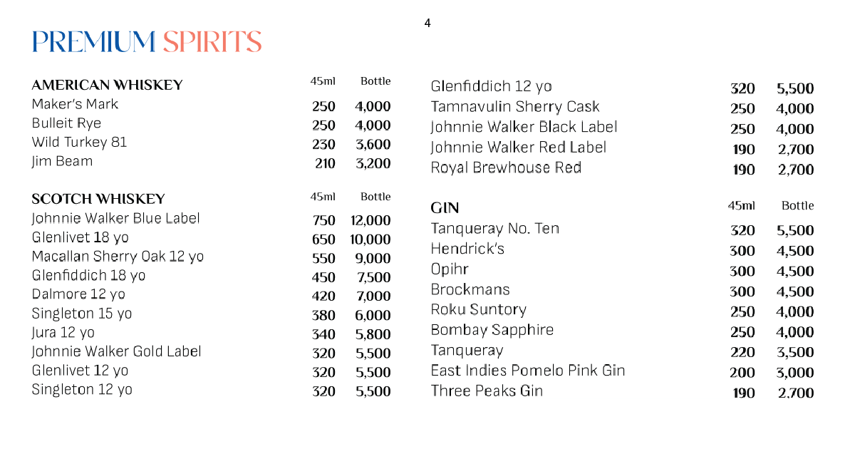 4.Premium spirits menu highlighting American whiskey, Scotch, and gin brands