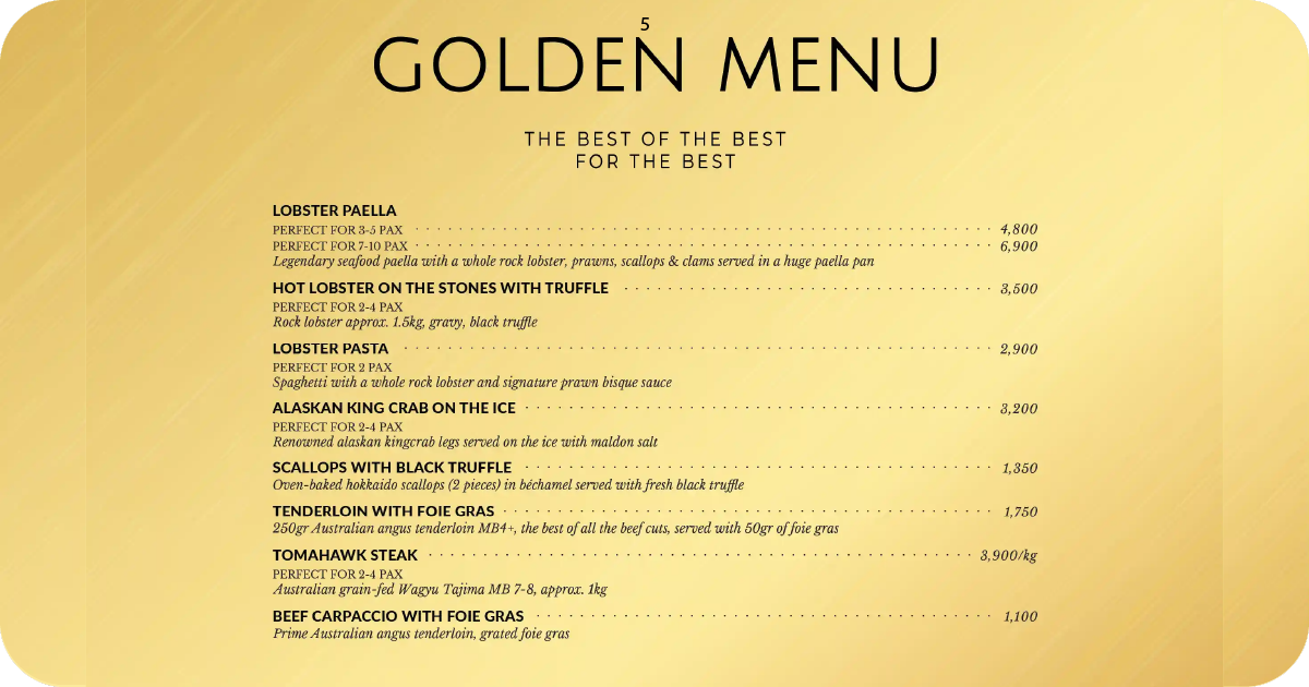 5. Golden menu featuring lobster paella, truffle scallops, premium steaks