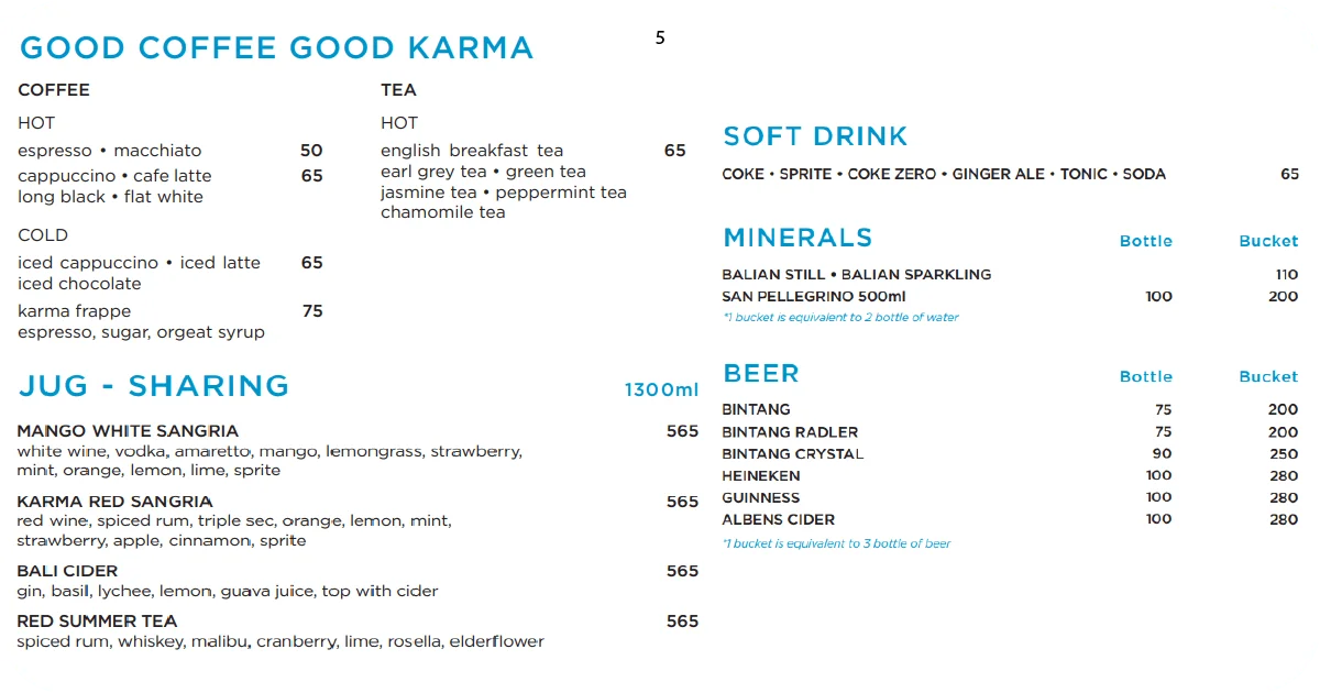 5. Karma Beach drinks menu featuring coffee, teas, sangria jugs, and beers