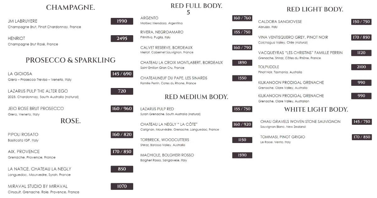 5. Wine list with champagnes, reds, whites, and rosé selections