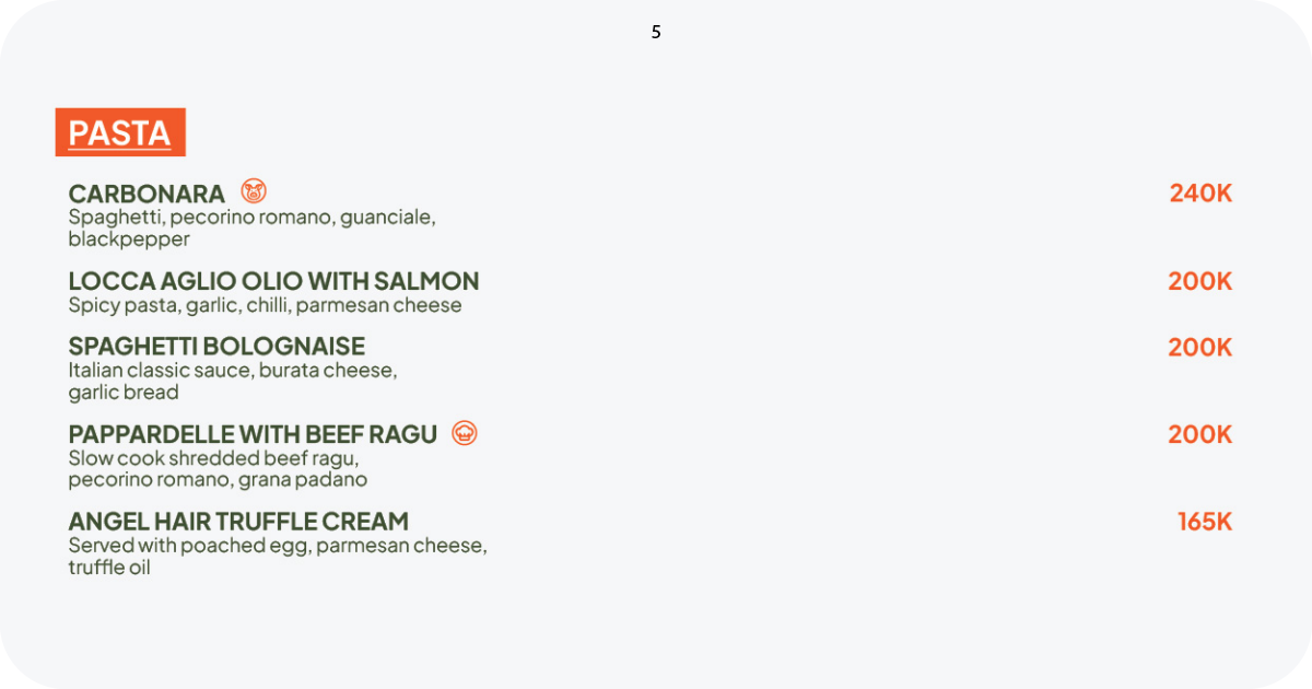 Locca Sea House: Is This Bali's Best Ocean View? 12 5.Pasta menu listing carbonara, bolognese, and beef ragu