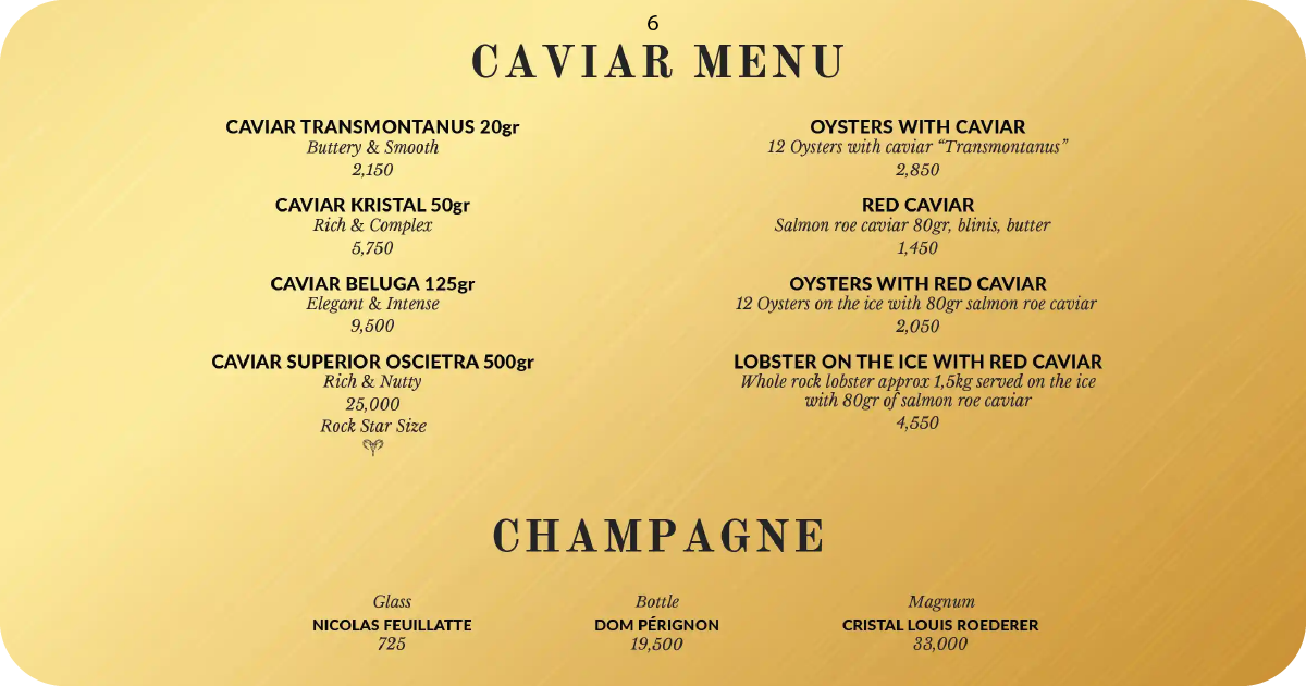 6. Caviar menu with oysters, red caviar, and champagne options