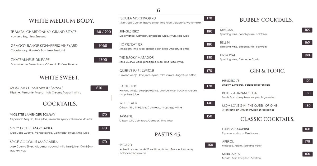 6. Cocktail and wine menu including bubbly, gin tonics, pastis
