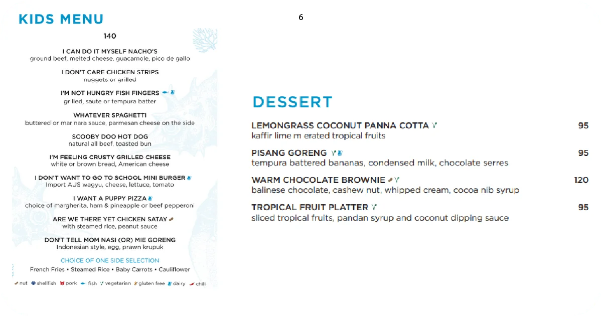 6. Karma Beach kids menu and desserts including panna cotta, pisang goreng
