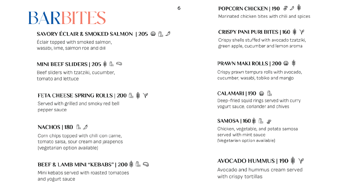 6.Bar bites menu featuring sliders, nachos, salmon éclair, and kebabs