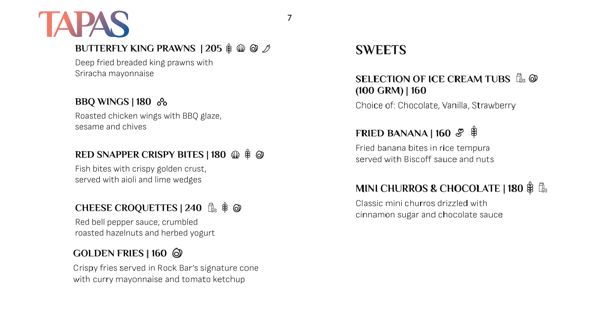 7. Tapas and sweets menu with prawns, wings, croquettes, churros