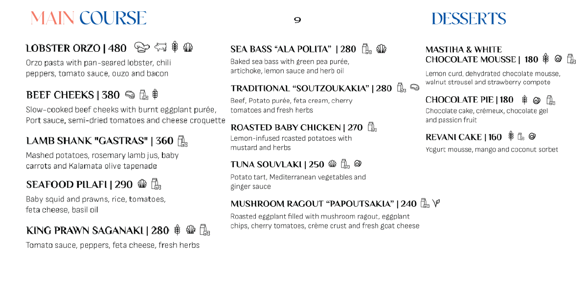 9.Main courses like lobster orzo and beef cheeks, with dessert options