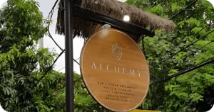Alchemy wooden street sign under thatched awning amid greenery