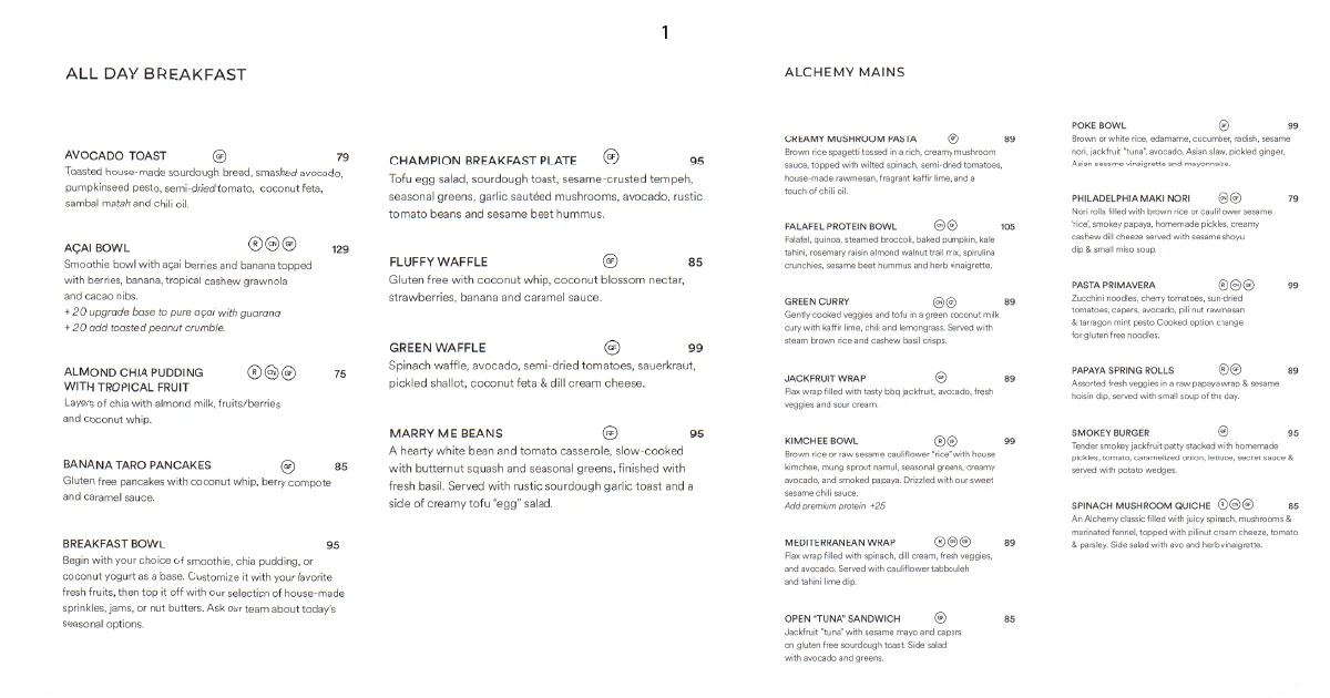 All-day breakfast items and plant-based mains like curries and bowls