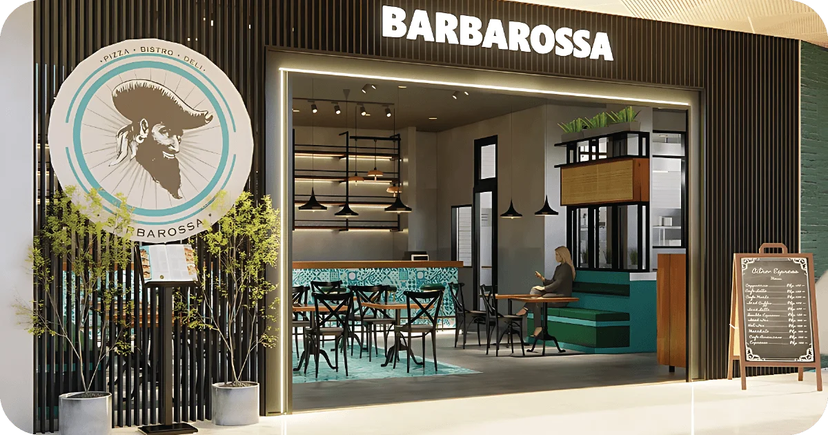 Barbarossa mall storefront with bright sign, pendant lights, chalkboard menu