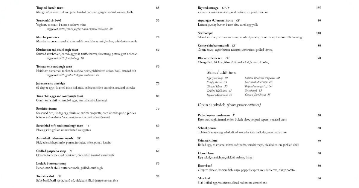Bokashi menu brunch plates, open sandwiches, sides and additions list