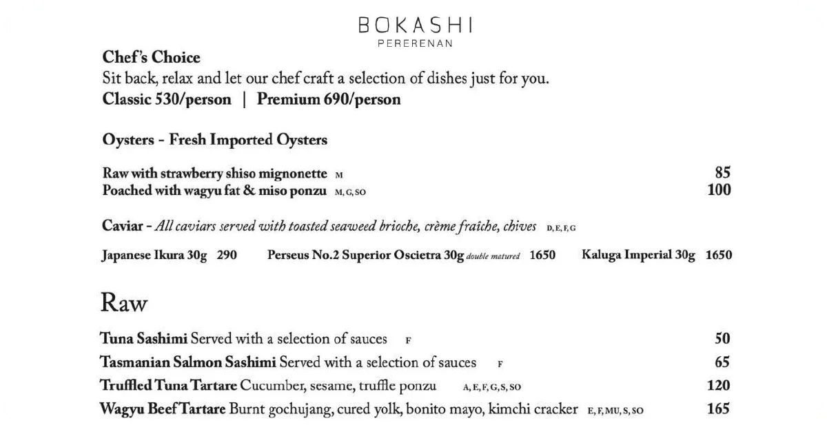 Bokashi menu chef’s choice, imported oysters, caviar, sashimi and tartare