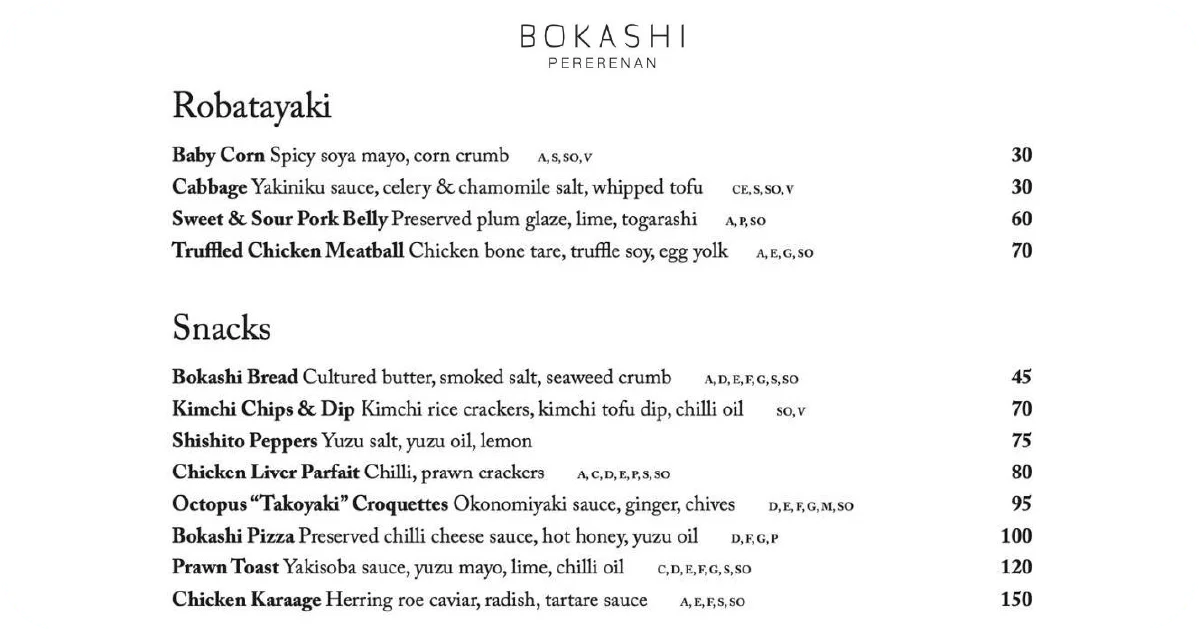 Bokashi menu robatayaki dishes and snacks like croquettes, karaage, prawn toast