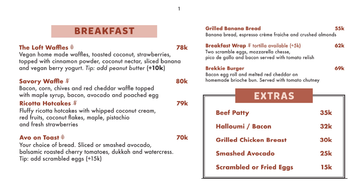 Breakfast menu featuring waffles, hotcakes, and avocado toast
