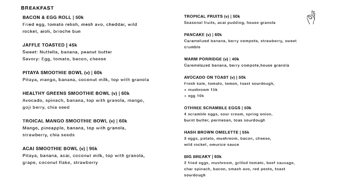 Breakfast menu smoothie bowls, pancakes, porridge, avocado toast, big breaky