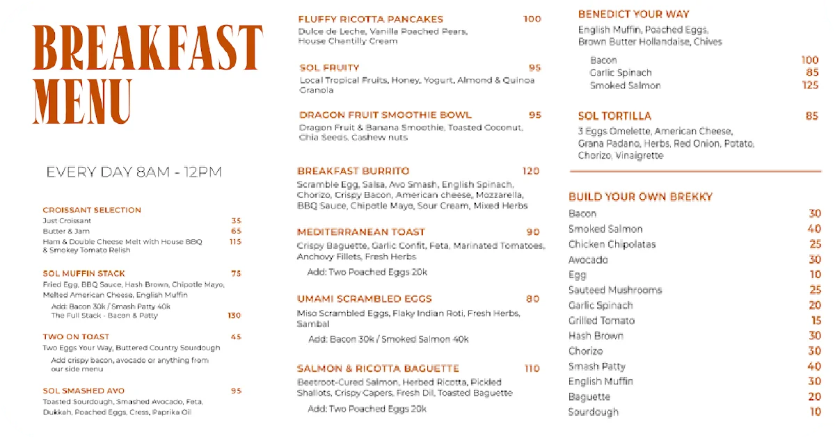 Breakfast menu with pancakes, smoothie bowls, burritos, and benedict options