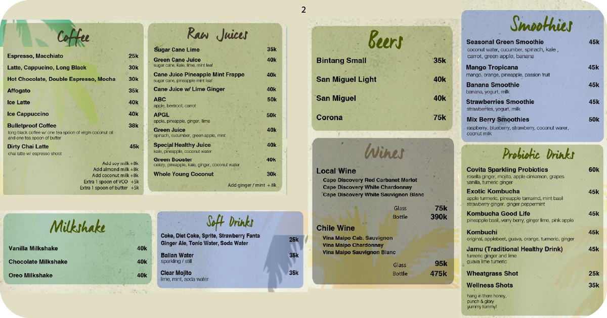 Bukit Cafe drinks menu listing coffee, juices, beers, smoothies