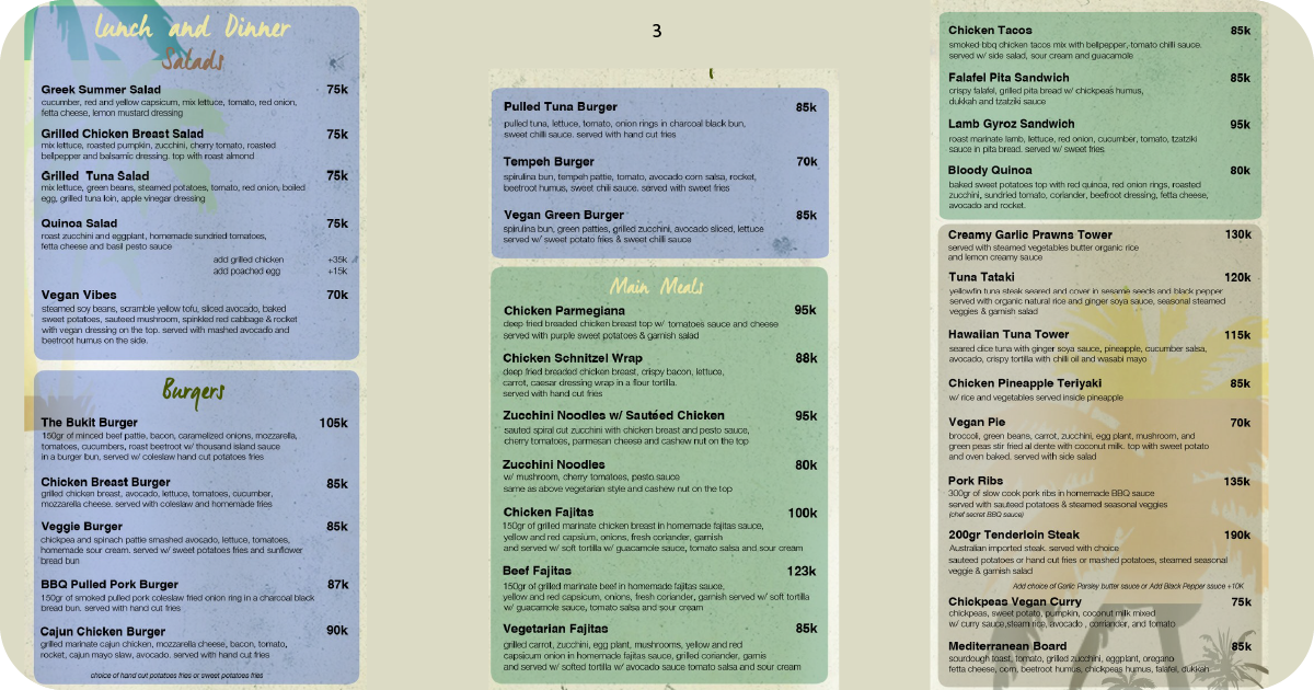 Bukit Cafe lunch and dinner menu with burgers and mains